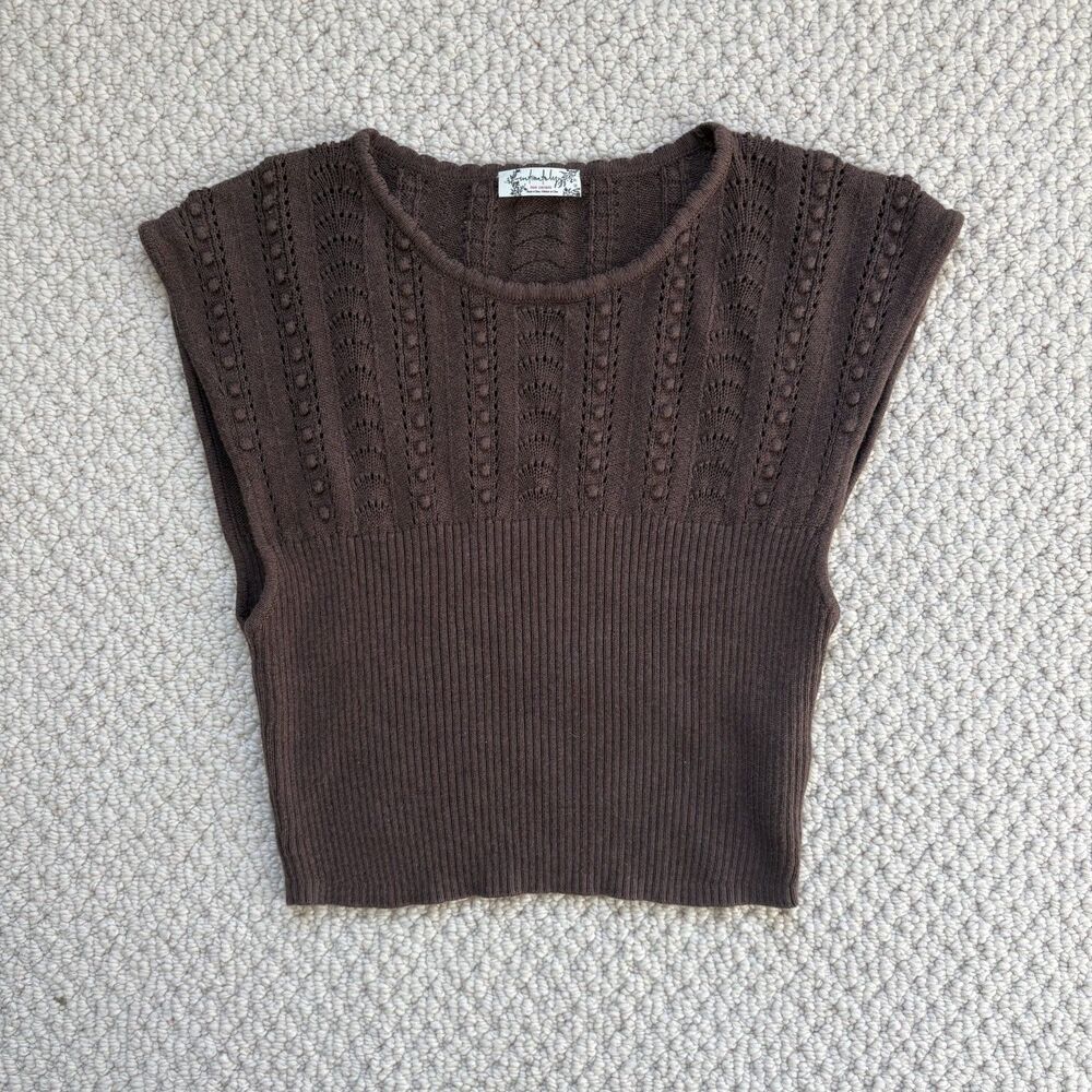 Free People Intimately Catchin Dreams Knit Cropped Top Sz XS Brown Boho Peasant